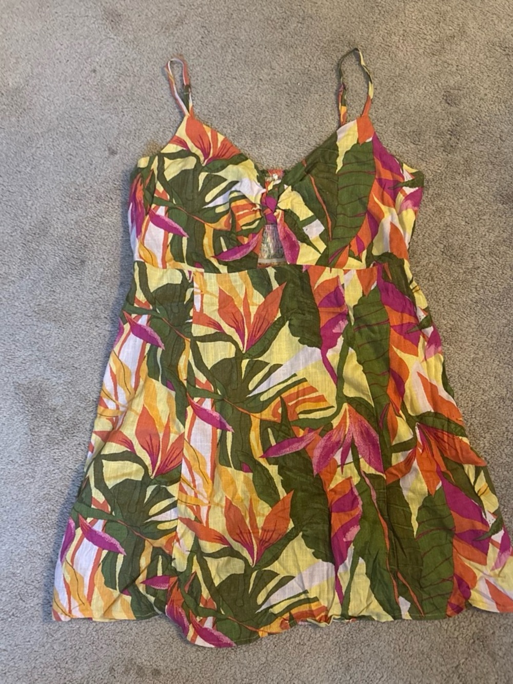 Rewind Tropical Leaf Spaghetti Strap Mini Dress in Green, Pink & Orange